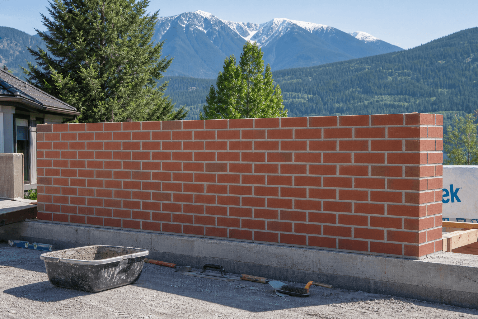 Brick veneer being laid with a drainage cavity on a home in Chilliwack, BC