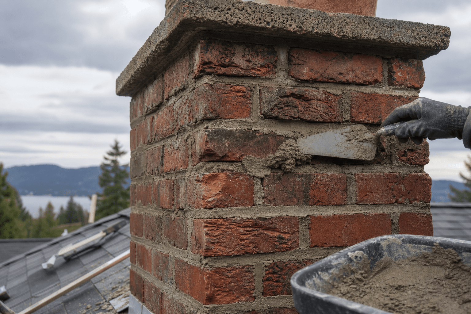 Masonry crew repairing a brick chimney on a residential home in Chilliwack, BC