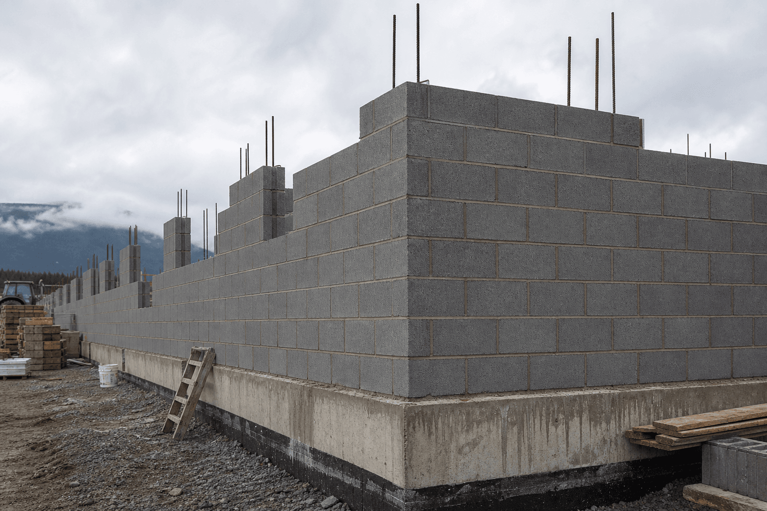 Concrete block wall construction on a commercial building in Chilliwack, BC