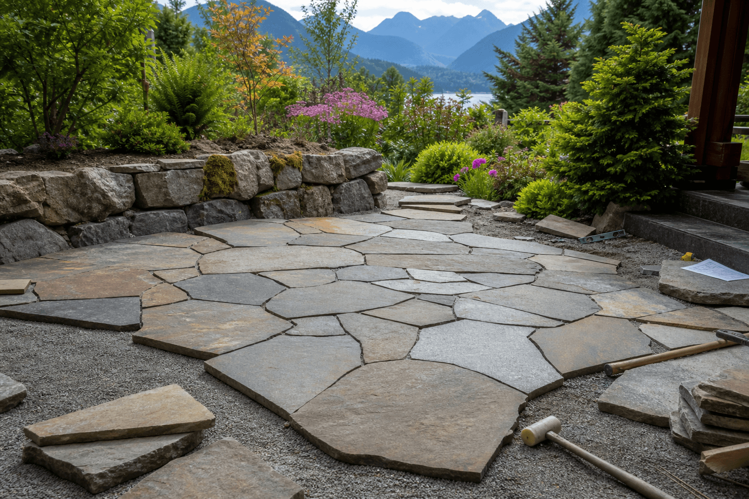Flagstone patio installation in a residential backyard in Chilliwack, BC