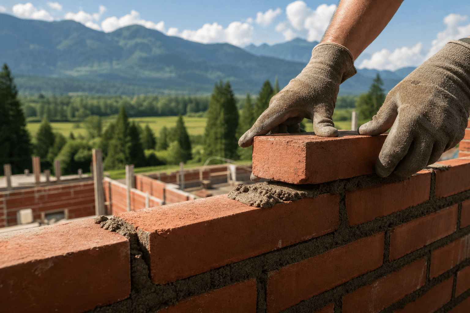 Bricklayer laying courses of brick on a new wall in Chilliwack, BC