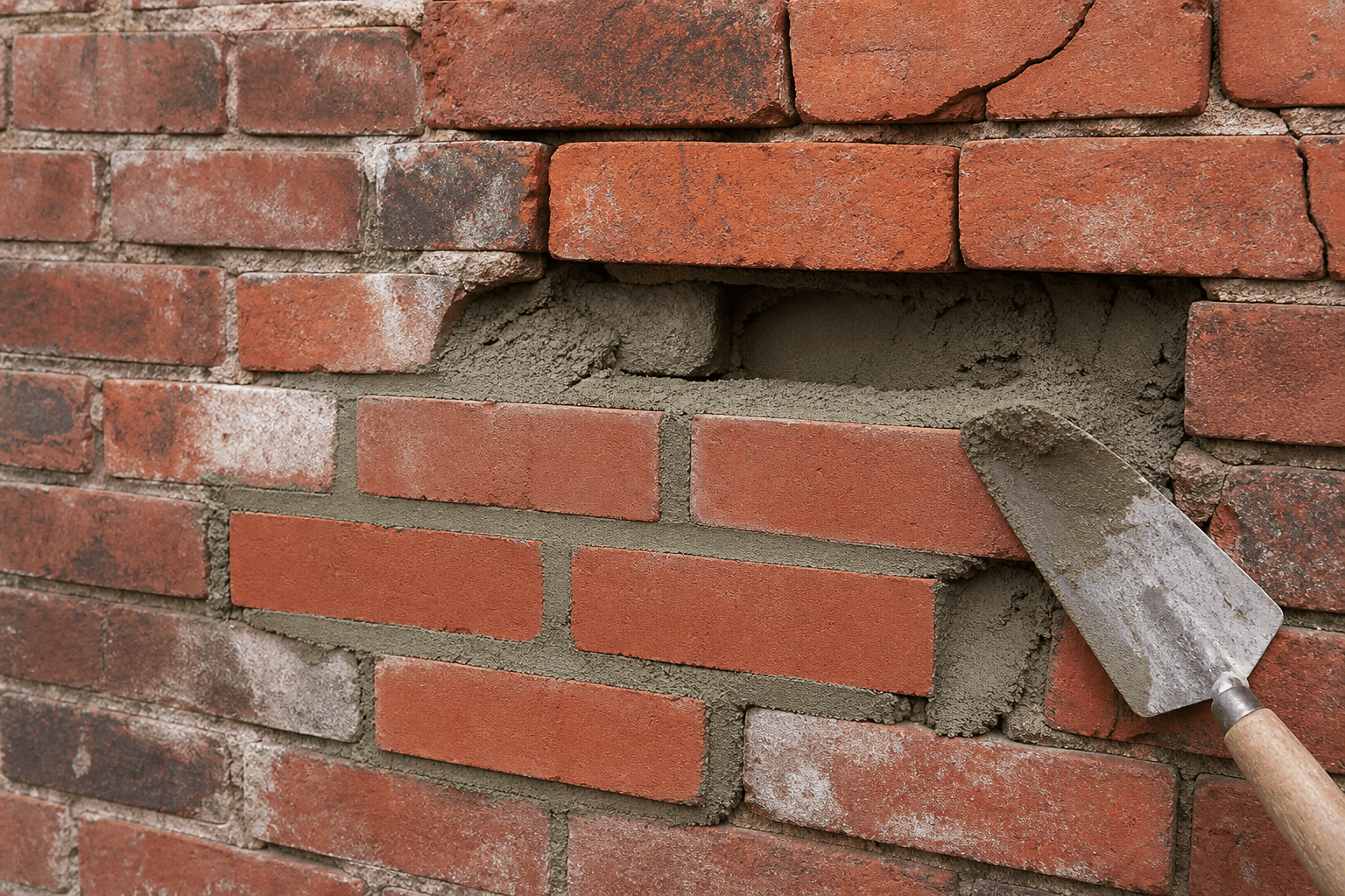 Masonry repair work on a deteriorated brick wall in Chilliwack, BC