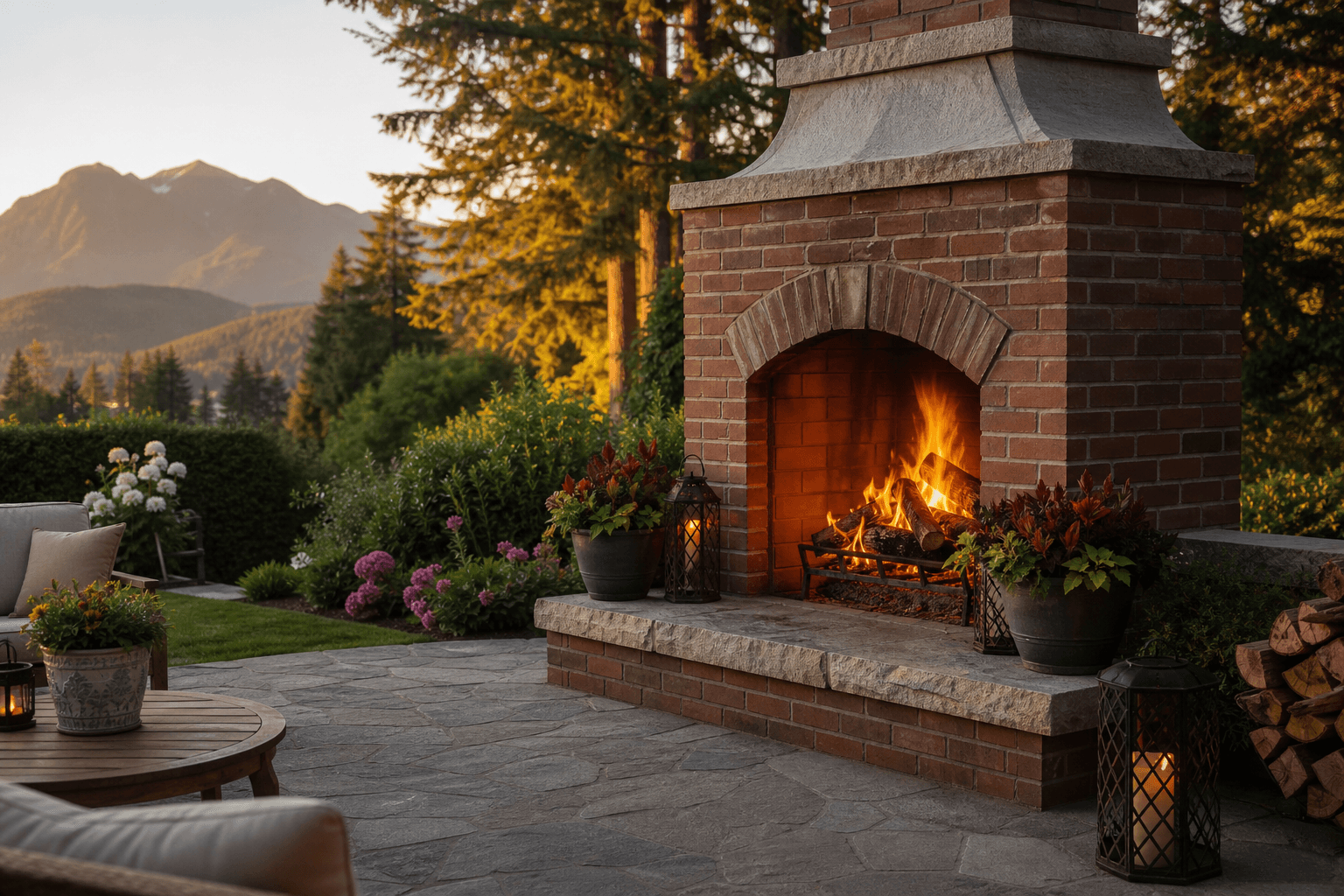 Custom outdoor brick fireplace built in a backyard in Chilliwack, BC