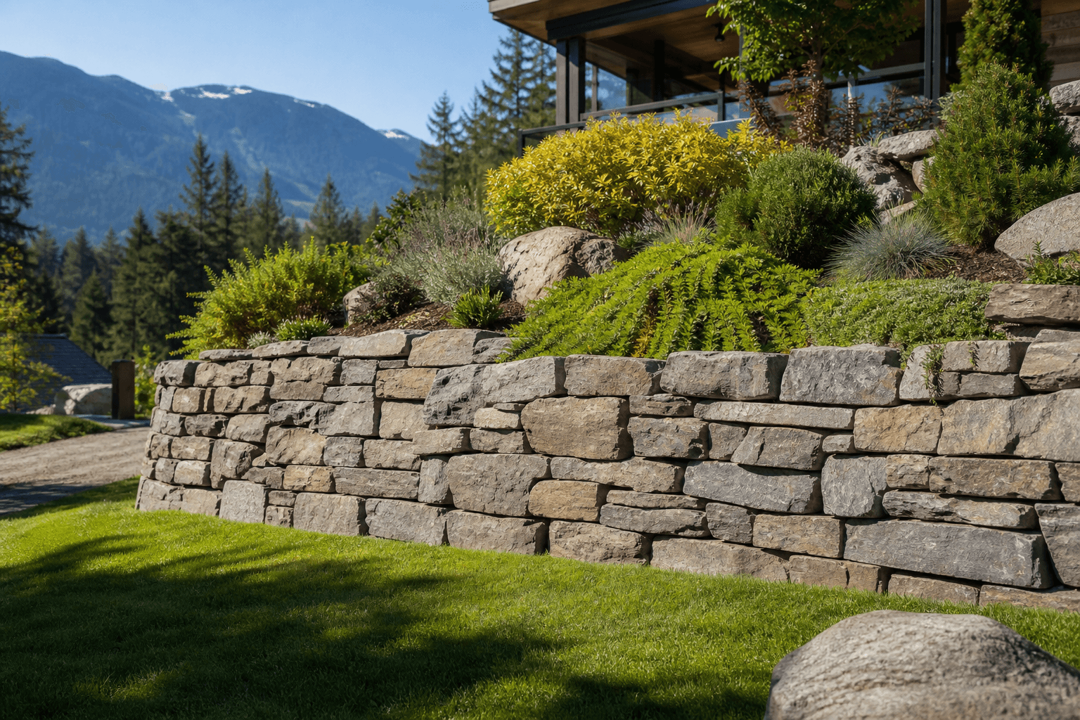 Stone retaining wall built on a sloped residential property in Chilliwack, BC
