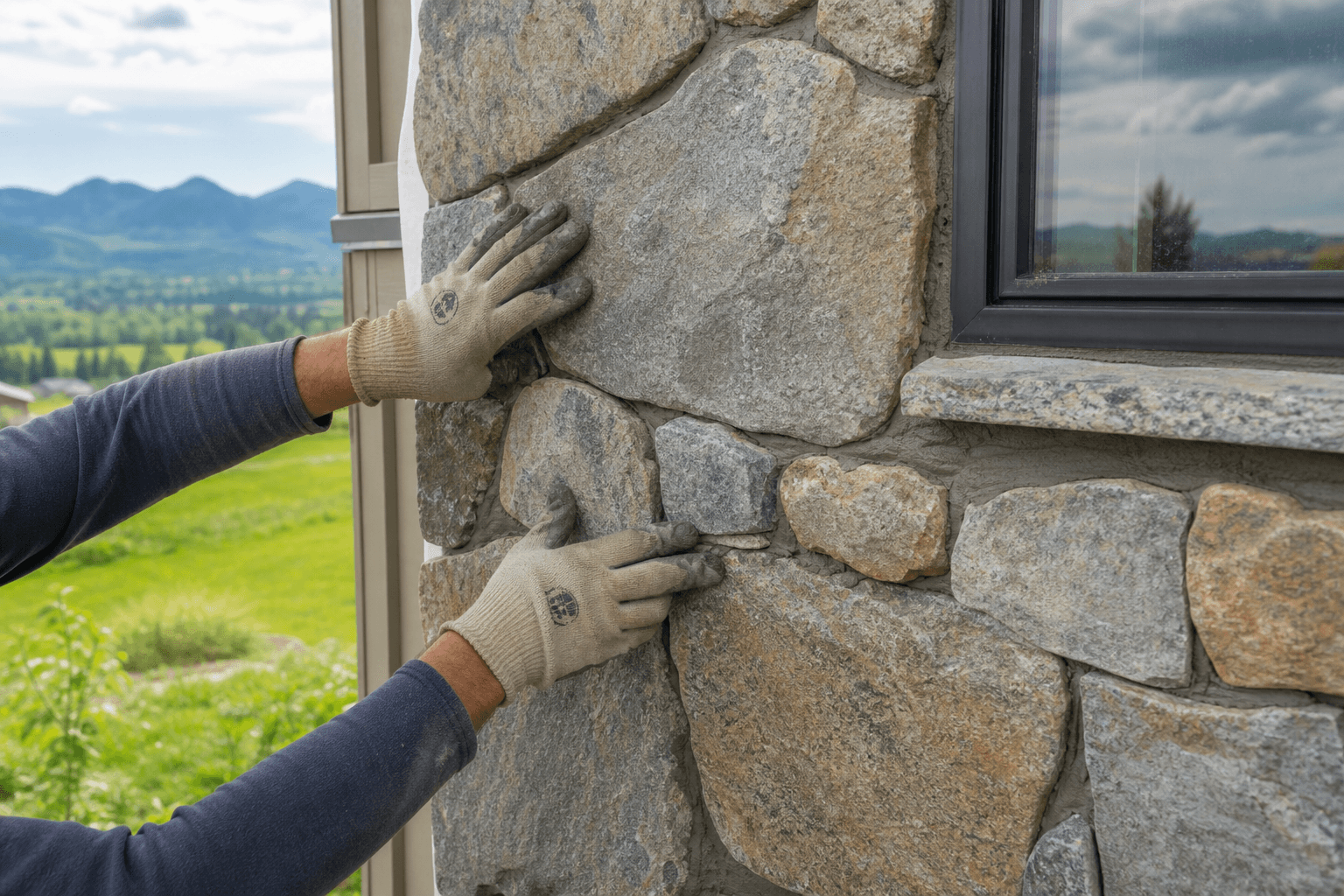 Stone masonry work on a residential exterior wall in Chilliwack, BC
