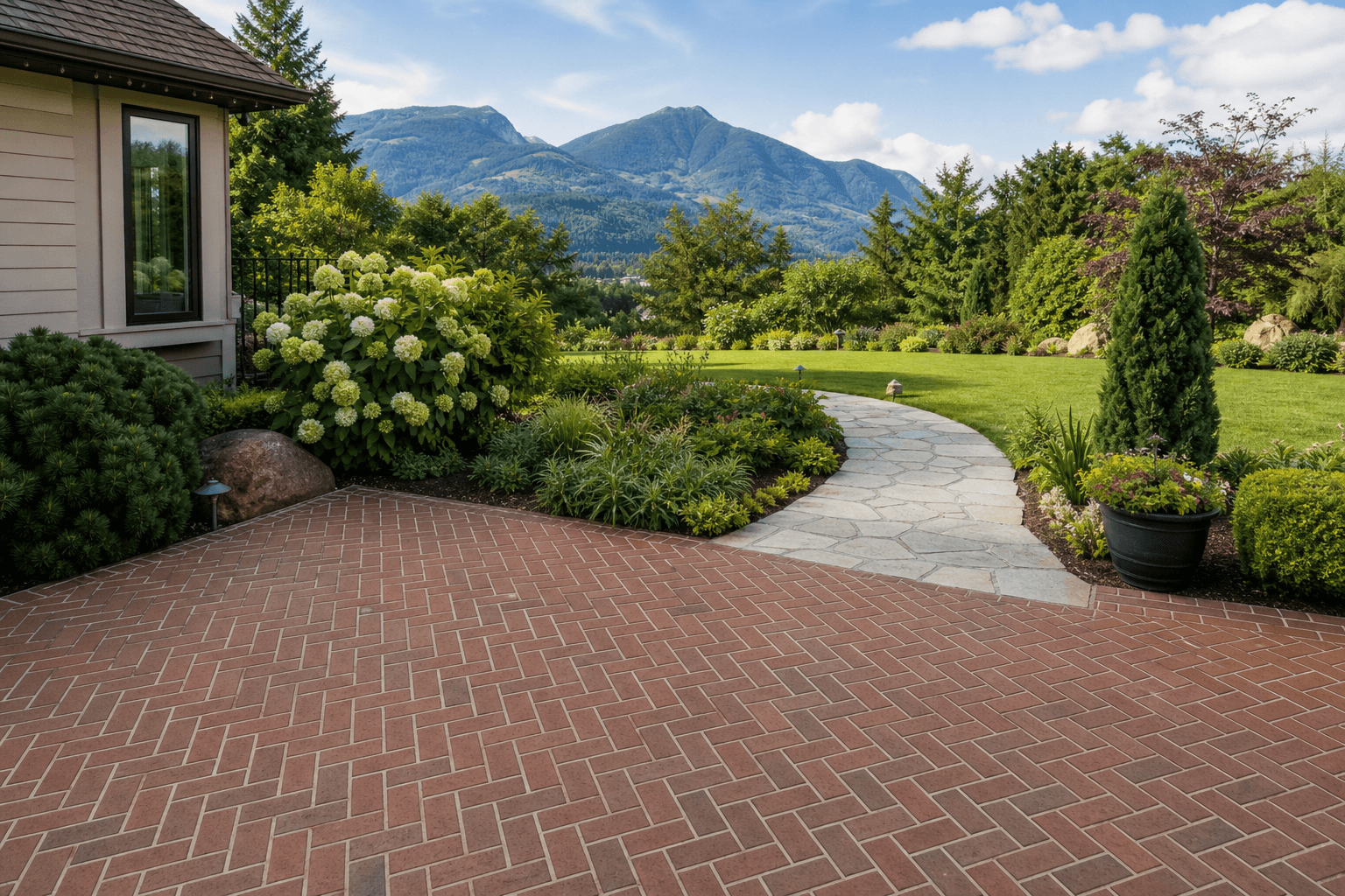 Brick patio and stone walkway installation in a Chilliwack, BC residential backyard